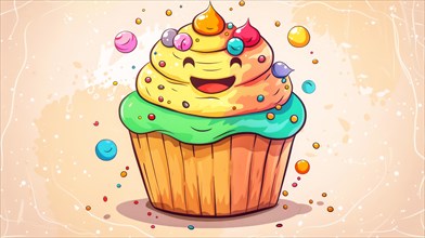 A cheerful animated cupcake with a colorful cream topping, surrounded by bubbles and sprinkles, AI