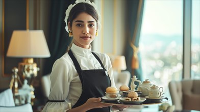 An elegant waitress in uniform serving a traditional breakfast with tea in a luxury hotel, AI