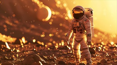 Astronaut standing on a rocky terrain with glowing sparks around during golden hour, AI generated