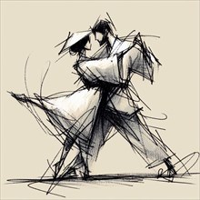 Abstract sketch of two dancers in motion, capturing dynamic and expressive movements, AI generated