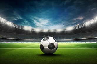 A soccer ball on a green field in soccer football stadium in evening with floodlights lights, AI