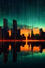 AI generated illustration of a cityscape with skyscrapers and holographic elements in green and