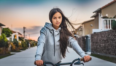 Serious teen girl with wind in her hair riding a bicycle in a suburban neighborhood at dusk, AI