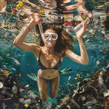 Underwater shot of a worried woman swimming in a sea of rubbish, AI generated