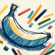 Dynamic abstract sketch of a banana with vibrant colors and strong textures, AI generated