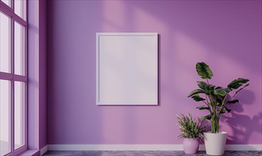 A blank image frame mockup on a soft lavender wall AI generated