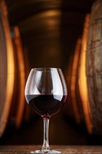 AI generated red wine in a clear glass in a rustic wine cellar