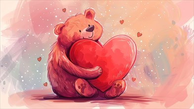 A content bear holding a big red heart surrounded by pink hues and floating hearts, AI generated