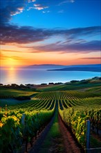AI generated view of a coastal vineyard with ocean in the background in ambient light