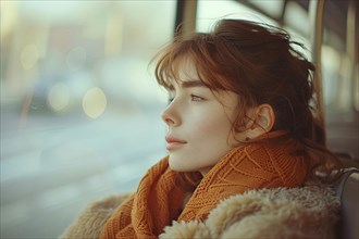 Pensive young woman gazing out a window with soft focus and warm light, AI generated