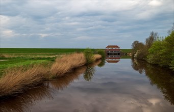 View of the Wymeerer Sieltief in the direction of the Ems dyke, behind the pumping station, Pogum,