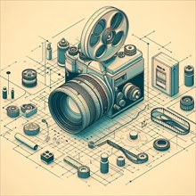 Intricately detailed isometric illustration featuring a vintage camera. Film reels. And