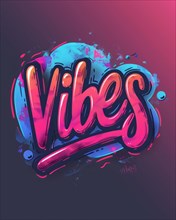 Vibrant neon sign with the word 'Vibes' in cursive script against a pink and blue gradient, AI