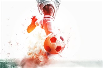 A soccer player kicks a ball on a field. Concept of action and excitement, as the player is in the