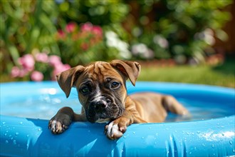 Cute dog in paddling pool with water in summer. KI generiert, generiert, AI generated