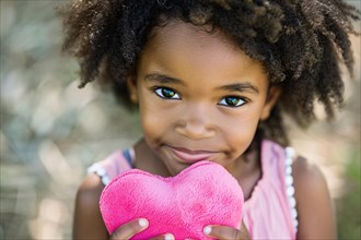 Young black girl child holding pink plush heart. KI generiert, generiert, AI generated