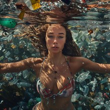 A woman dives underwater amidst floating plastic waste, AI generated