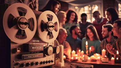 Retro reel-to-reel player in focus at a friendly intimate gathering with soft candle lighting, AI
