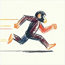 Abstract crayon sketch of a dynamic monkey in motion with vibrant colors, AI generated