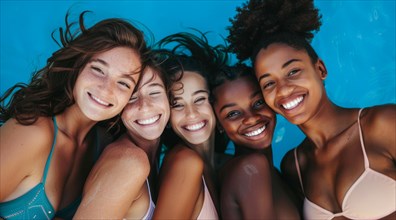 A group of women are smiling and posing for a photo. They are wearing bikinis and hats, AI