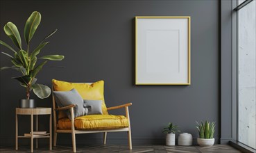 A blank image frame mockup on a deep charcoal gray wall AI generated