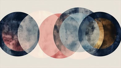 Elegant abstract with overlapping circles in desaturated colors, with a vintage texture, AI