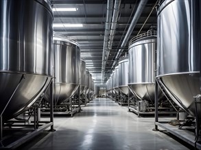 AI generated modern winery production line with stainless steel fermenting tanks