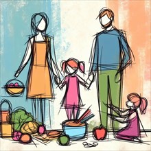 An abstract sketch of a family holding hands with shopping bags and fruits around them, AI