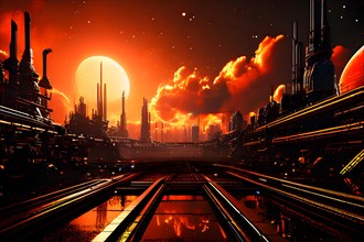 AI generated industrial futuristic landscape merging with ecopunk aesthetics in orange colors