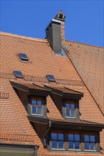 Roof with plain tiles, chimneys and roof gables, Kaufbeuern, Allgaeu, Swabia, Bavaria, Germany,