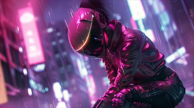 Futuristic cyberpunk figure with motorcycle helmet in a neon-lit urban nightscape, AI generated