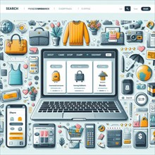 Vibrant illustration showing a laptop screen featuring an e-commerce interface with a variety of