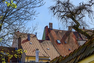 Pointed gable roofs and chimneys, Kaufbeuern, Allgaeu, Swabia, Bavaria, Germany, Europe