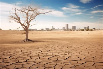Drought climate change ecology solitude concept, dry dead tree in desert with a dry, cracked ground