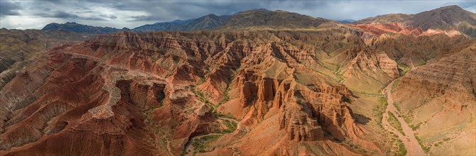 Panorama, gorge with eroded red sandstone rocks, Konorchek Canyon, Boom Gorge, aerial view,