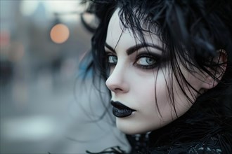 Face of young woman in gothic style in street. KI generiert, generiert, AI generated