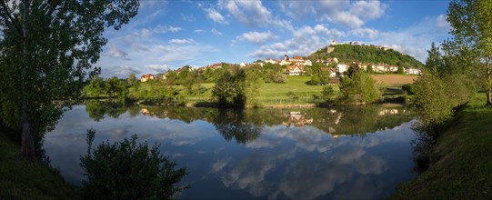 Reflection in a pond, Riegersburg in the morning light, panoramic view, Riegersburg, Styrian