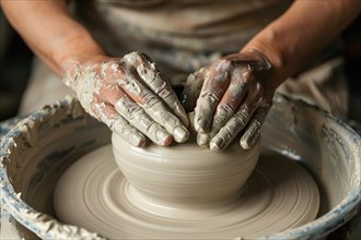 Close up of hands forming white raw clay into pottery. KI generiert, generiert, AI generated