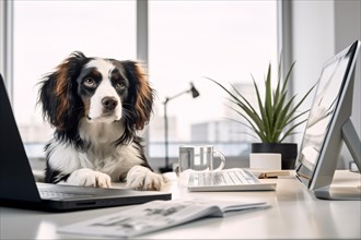 Dog working at desk in office. KI generiert, generiert, AI generated