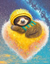 Adorable sloth in a cozy hat cuddling a fluffy heart-shaped cloud surrounded by stars in an