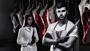 Two butchers in a monochrome setting with intense expressions in a locker with hanging meat, AI