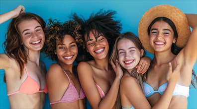 A group of women are smiling and posing for a photo. They are wearing bikinis and hats, AI