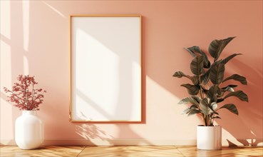 A blank image frame mockup on a soft peachy beige wall in a Scandinavian-style interior room AI