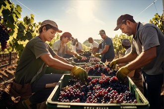 AI generated workers in a vineyard delicately select ripened clusters of ripe grapes