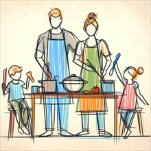 A lively sketch of a family engaged in cooking a meal together in a homely kitchen, AI generated