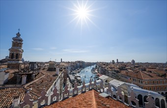 View from the roof of the Fondaco dei Tedeschi, boats on the Grand Canal, Sun Star, Venice, Veneto,