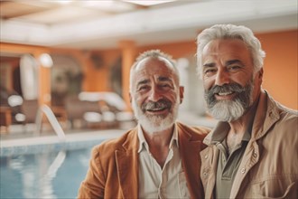 Two smiling senior men enjoying leisure time together by a pool, AI generated