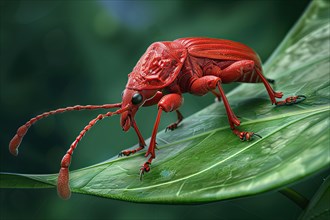 Stylized red giraffe weevil on a green leaf, AI generated