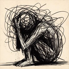 Intense sketch depicting the abstract turmoil of entangled lines and emotion, AI generated