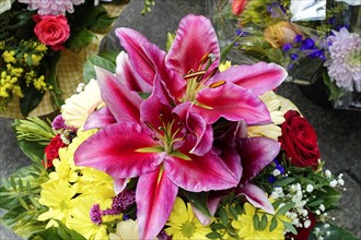 A colourful bouquet of pink Lily (Lilium candidum) and yellow flowers, flower sale, Central